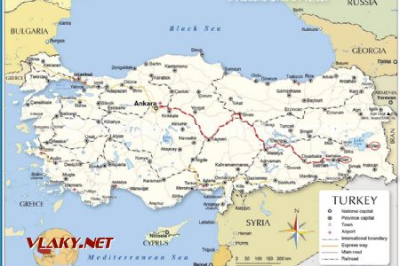 Mapa Turecka s vyznačenou trasou a místy
