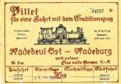 V roce 1988 měla jízdenka pro vlaky Traditionsbahnu s jiným motivem; sbírka Pavel Stejskal