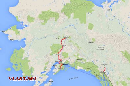 Naše presuny po Aljaške, vlaky, lietadlá; jún 2015; zdroj: OpenStreet Map