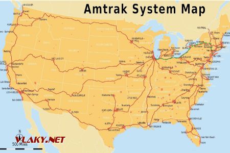 Mapa sítě Amtrak, zeleně tratě projeté v 1. dílu CC BY-SA 2.5