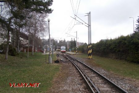 Tatranská Lomnica, Začiatok koľajiska stanice zo smeru Starý Smokovec (rozchod 1000 mm); 17.04.2018 © Michal Čellár