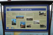 Tabuľa pred ŽST popisujúca históriu železnice v Myjave. 17. 6. 2010 © Ivan Wlachovský