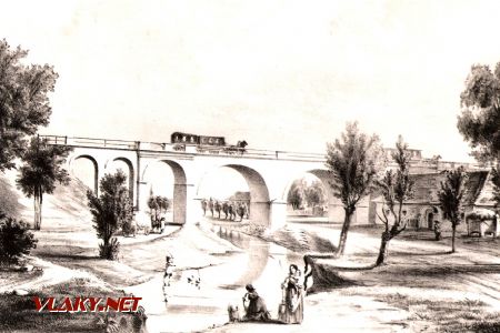 Most konskej železnice nad Vištuckým potokom pri Báhoni, cca. 1850 (Faksimile), © archív MDC