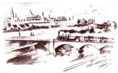 Príchod slávnostného vlaku do Prahy na čele s rušňom „BÖHMEN“ – „ČECHY“ dňa 20. augusta 1845. (Zdroj: kresba Vladimír Wimmer, zbierka autor).