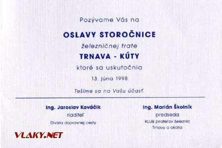Vnútro pozvánky na oslavy storočnice trate Trnava - Kúty... © KPŽT