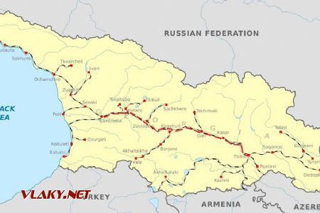 Mapa Gruzínských železnic s vyznačenou projetou trasou, CC BY-SA 4.0 Giorgi Balakhadze
