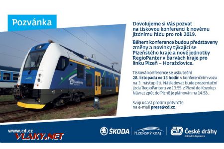Pozvánka ČD na regionální tiskovou konferenci k novému jízdnímu řádu v Plzni