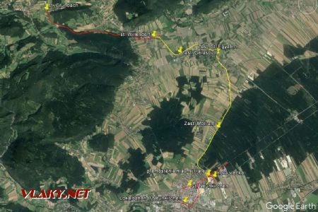 Trasovanie zrušenej lokálky Neunkirchen - Willendorf vyznačené v Google Earth © 2018 DigitalGlobe
