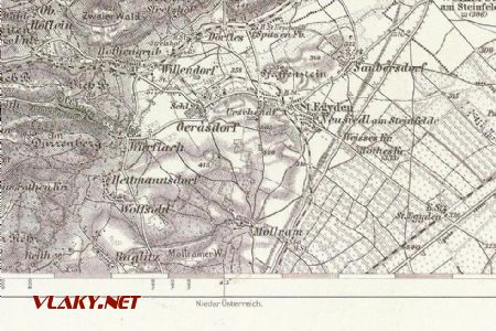 Vojenská mapa z roku 1915 - výrez s lokálkou do Willendorfu. Zdroj: https://commons.wikimedia.org/w/index.php?curid=10711336