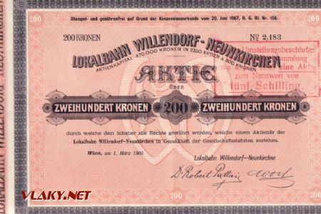 Willendorf - Neunkirchen, sken akcie lokálky v pôvodnej hodnote 200 korún z roku 1909