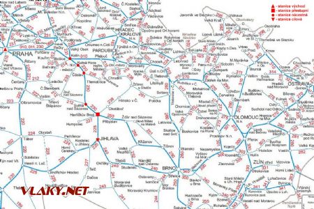 Cesta Praha hl.n. - Jihlava (Jiří Řechka) na mapě sítě SŽDC k jízdnímu řádu 2018/2019