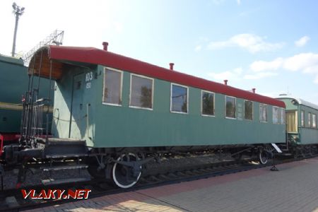 Moskevské železniční muzeum, osobní vagon z r. 1901 vagonky Rába, přestavitelný na otevřenený lehátkový, 7.8.2019 © Jiří Mazal