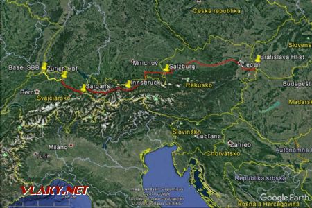 Zákres cesty ÖBB railjetom z Bratislavy do Zürichu a odtiaľ s ICE do Baselu do mapy Google Earth © 2018 Google