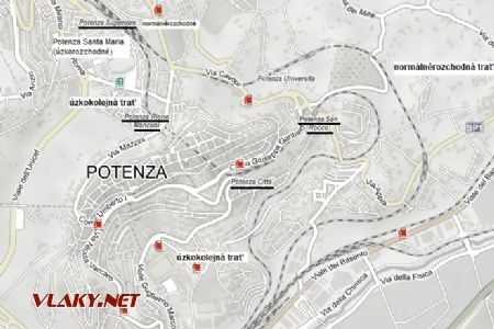 Trasování úzkokolejné a normálněrozchodné trati v Potenze (s využitím mapy.cz)