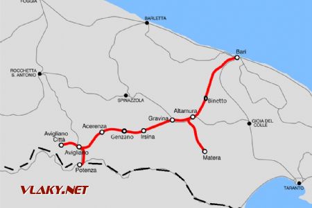 Mapa Ferrovie Appulo Lucane (převzato a upraveno z wikipedie)