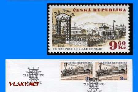 Poštovní známky a obálka prvního dne vydané k 150 letům Olomoucko-pražské dráhy, sbírka Pavel Stejskal