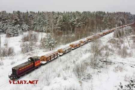 TU7-2386 s vlakem dřeva u stanice Ugol'naja, leden 2021 © Aleksej Kalinin, AUŽD, vk.com