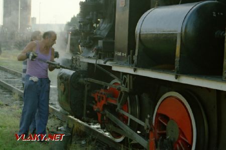 Strojvedoucí Ldadislav Landa maže rozvod lokomotivy 310.922. Telč dne 15.8.1998. © Pavel Stejskal