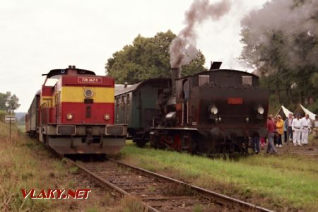 Lokomotiva 310.922 v Hodicích, vedle 725.247 s mimořádným vlakem dne 5.8.2000