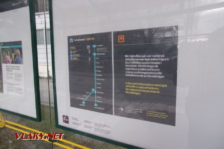 Stockholm: informace pro cestující o výluce na trati Saltsjöbany mezi stanicemi Slussen a Henriksdal, 14.04.2021 © Jan Přikryl