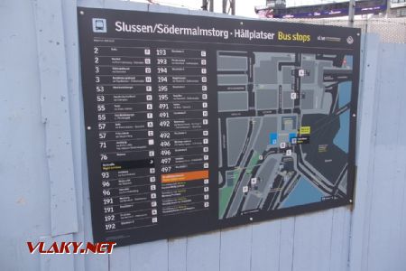 Stockholm: situační plán autobusových zastávek v západní části terminálu Slussen, 14.04.2021 © Jan Přikryl