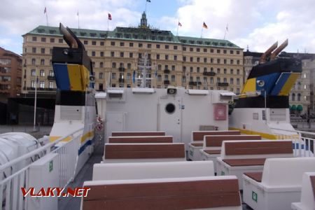 Stockholm: zadní otevřená část horní paluby lodi Vaxö dopravce Vaxholmsbolaget z roku 1993, 14.04.2021 © Jan Přikryl