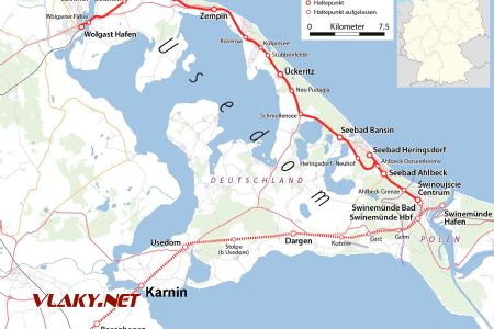Mapa železnic na ostrově Usedom, Maximilian Dörrbecker, CC BY-SA 2.0