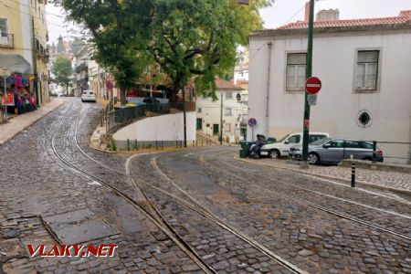 Lisabon, tramvajová výhybka před zastávkou Portas do Soleil, 8.6.2023, Tomáš Kraus