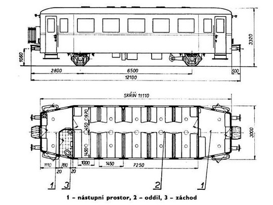Nákres prototypu přípojného vozu Clm s teplovodním topením z roku 1954 © S.Jindra - M.Frolík
