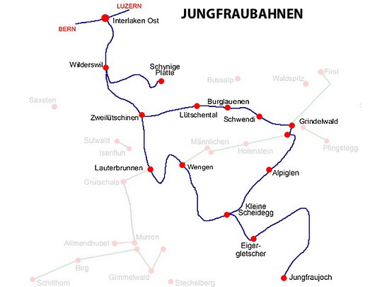 12.7.2008 Čiastočná mapka Jungfrau regionu. Tu jazdia" SBB-CFF, BLS, ZB, BOB, SPB, WAB a JB © Tomáš Votava
