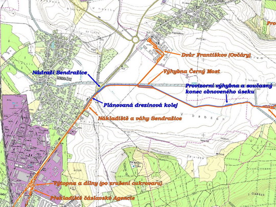 Mapa původní řepařské drážky s obnovovanými úseky, zdroj ČÚZK - ZOBRAZ celou ve formátu PDF!