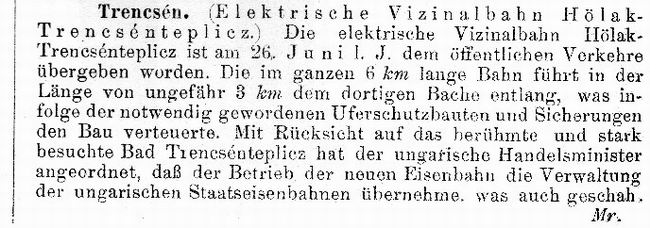 Obrázek 4 - Zpráva o zahájení provozu z časopisu Elektrotechnik und Maschinenbau, ročník 1909, strana 688.