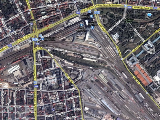 Wien Südbahnhof a ÖBB Traktion - Stützpunkt Wien Süd ještě v původní podobě na mapě Google - ZOBRAZ!