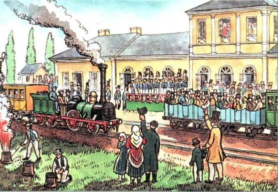 Príchod prvého parného vlaku s rušňom „MORAVIA“ do Břeclavi dňa 6. júna 1839. (Zbierka autor).