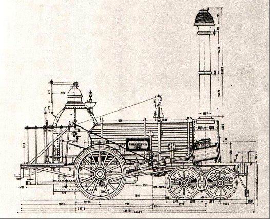 Parný rušeň „PHILADELPHIA“ z roku 1837 s usporiadaním pojazdu 2´A typu „Philadelphia“, objednaný Schönererom pre Viedensko-rábsku železnicu. (Zdroj: www.enuii.org).