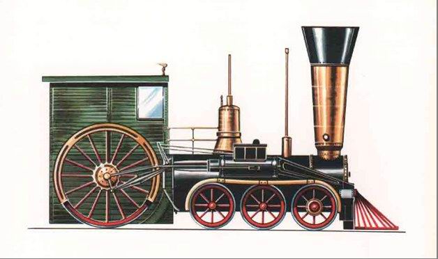 Norrisov rýchlikový rušeň z roku 1848 s usporiadaním pojazdu 3A pre americké železnice. (Zbierka autor).