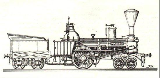 Parný rušeň „ULYSSES“ z roku 1846 s usporiadaním pojazdu 2´A typu „Philadelphia“.