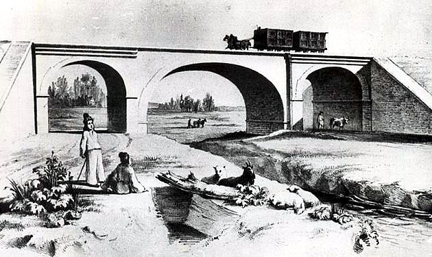 Klenutý most na konskej železnici Bratislava – Trnava (40. roky 19. stor.) © archív ŽSR MDC