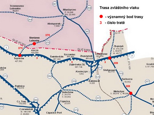Trasa jízdy zvláštního vlaku na složené mapě tratí PKP; zdroj: www.pkp.pl
