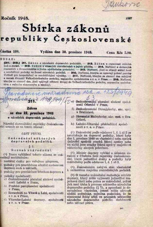 Zákon č. 311 zo dňa 22.12.1948  o národných dopravných podnikoch © archív ŽSR - MDC