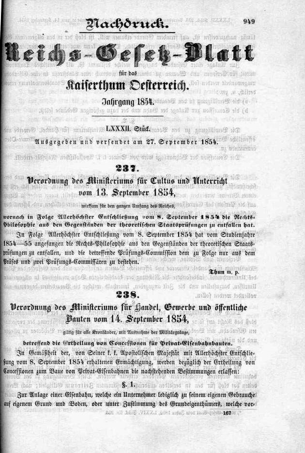 Koncesný zákon z roku 1854 © ŽSR - MDC