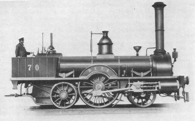 Rušeň „BETS“ s usporiadaním pojazdu 1A1 „Patentee“ z roku 1846, výrobca John Haswell Wien, dodaný pre UZB v roku 1846. (Zdroj: de.wikipedia.org).