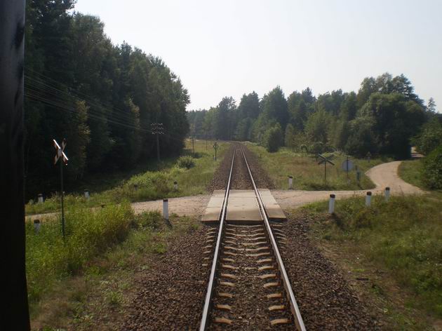 Předpisový železniční přejezd s písčitou silnicí- pro oblast Suwałsczyny typický. 13.8.2010 © Jan Přikryl