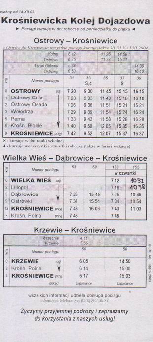 Jízdní řád Krośniewicke Koleji Dojazdowe z roku 2003
