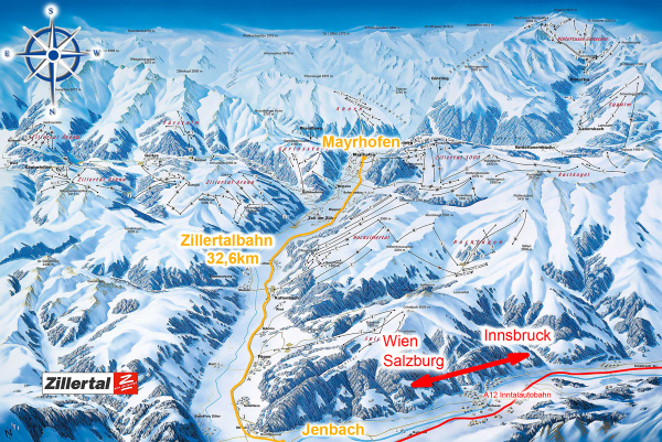 Orientačná mapa lanoviek a lyžiarskych vlekov v údolí Zillertal