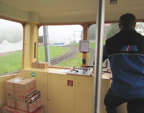 Cestou dole na Rigi Staffel: v pozadí uháňa modro- biely vlak do Arth- Goldau